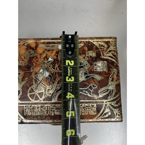 VTG Egyptian Camel Leather Lock Jewelry Box Osiris King Tut Hieroglyphic Gold - Picture 9 of 11